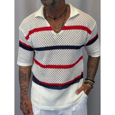 Triko Akrilik Çizgili T-Shirt Beyaz