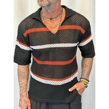 Triko Akrilik Çizgili T-Shirt Siyah