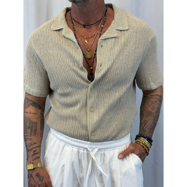 Triko Akrilik Crop Gömlek Bej