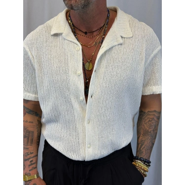 Triko Akrilik Crop Gömlek Beyaz