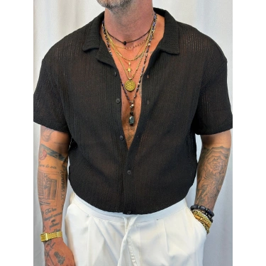 Triko Akrilik Crop Gömlek Siyah