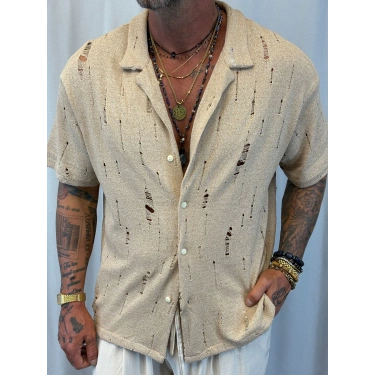 Triko Akrilik Yıpratma Gömlek Bej