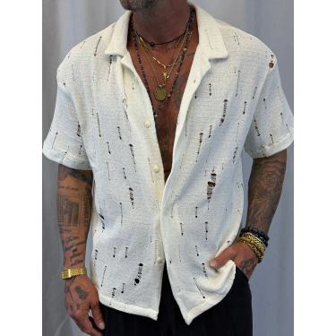 Triko Akrilik Yıpratma Gömlek Beyaz