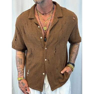 Triko Akrilik Yıpratma Gömlek Kahve