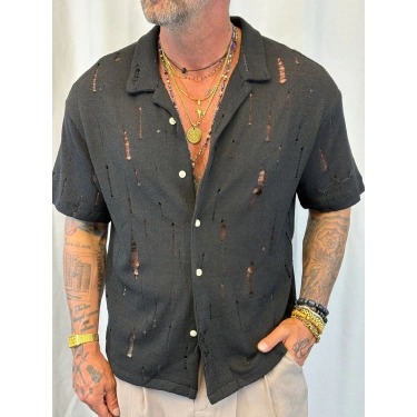 Triko Akrilik Yıpratma Gömlek Siyah