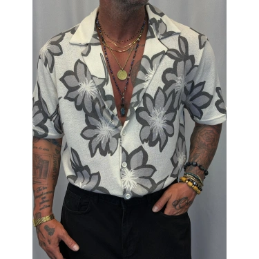 Triko Likralı Çiçek Desenli Gömlek Gri