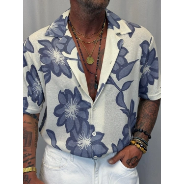 Triko Likralı Çiçek Desenli Gömlek Mavi