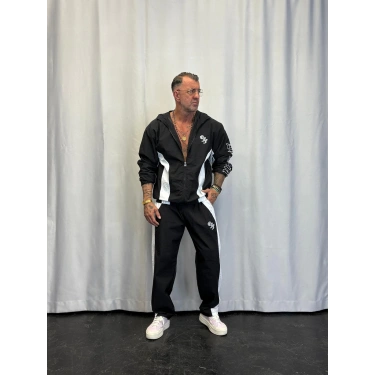 Vintage Crinkle Kapşonlu Takım Siyah