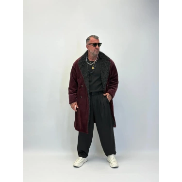 WELBOA Yakası Capo Kürklü Kaban Bordo