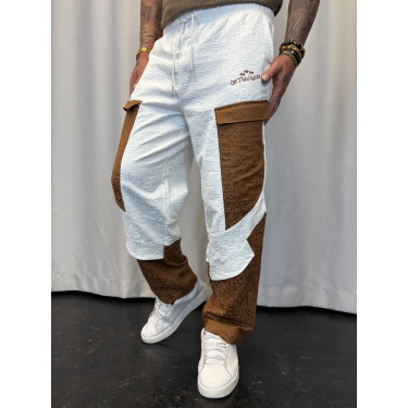 Yandan Cep Detaylı Jakarlı Pantolon Beyaz-Kahve