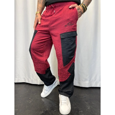 Yandan Cep Detaylı Jakarlı Pantolon Kırmızı-Siyah