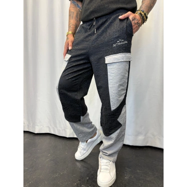 Yandan Cep Detaylı Jakarlı Pantolon Siyah Beyaz