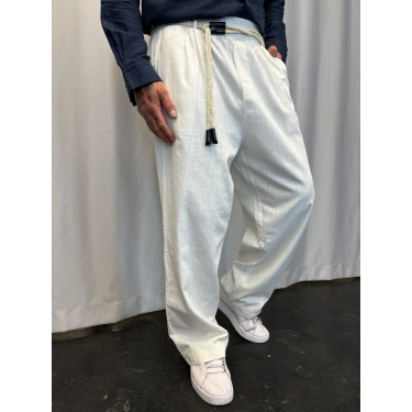 Yıkamalı Hasır Keten Kemer Detaylı Pantolon Beyaz