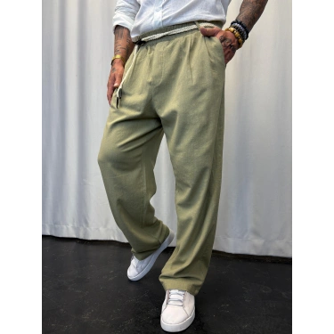 Yıkamalı Hasır Keten Kemer Detaylı Pantolon Haki