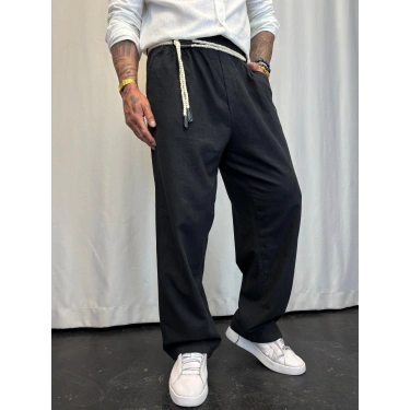 Yıkamalı Hasır Keten Kemer Detaylı Pantolon Siyah