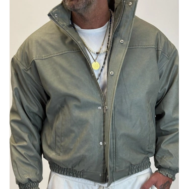 Yıkamalı İçi Kapitoneli Deri Mont Haki