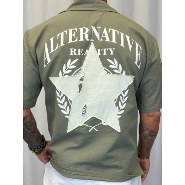 Yıldız Nakışlı Pamuk Gömlek Haki