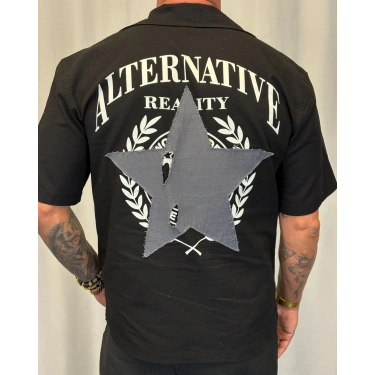 Yıldız Nakışlı Pamuk Gömlek Siyah