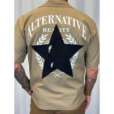 Yıldız Nakışlı Pamuk Gömlek Vizon