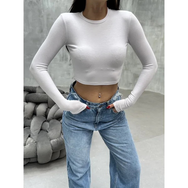 FESTA BEYAZ UZUN KOLLU CROP BLUZ