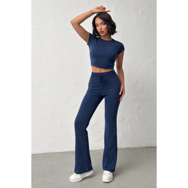 ELORA LACİVERT TAŞLI CROP T-SHIRT VE İSPANYOL PAÇA TAYT ALT ÜST TAKIM