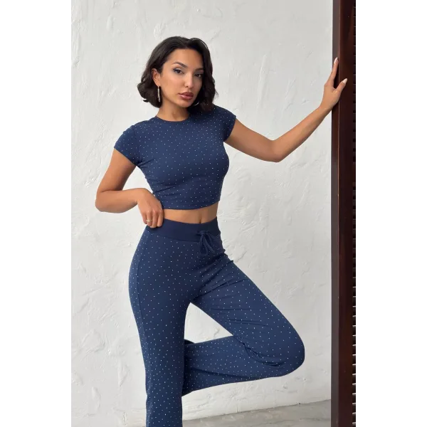 ELORA LACİVERT TAŞLI CROP T-SHIRT VE İSPANYOL PAÇA TAYT ALT ÜST TAKIM