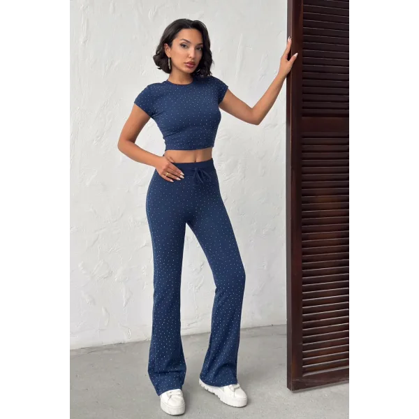 ELORA LACİVERT TAŞLI CROP T-SHIRT VE İSPANYOL PAÇA TAYT ALT ÜST TAKIM