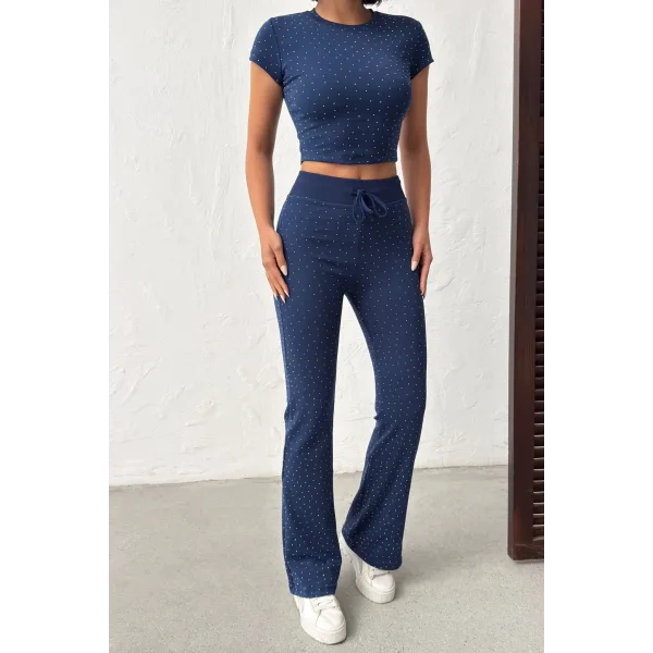 ELORA LACİVERT TAŞLI CROP T-SHIRT VE İSPANYOL PAÇA TAYT ALT ÜST TAKIM