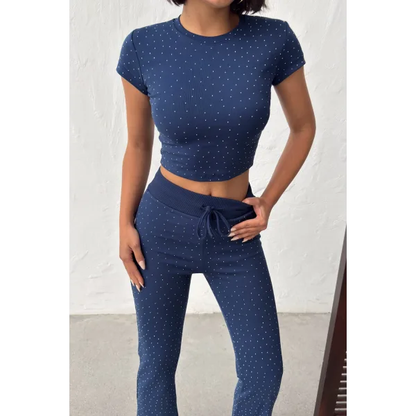 ELORA LACİVERT TAŞLI CROP T-SHIRT VE İSPANYOL PAÇA TAYT ALT ÜST TAKIM