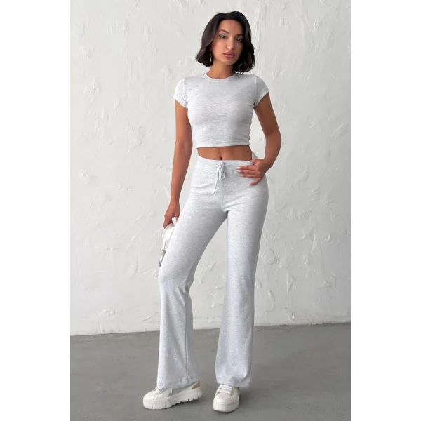 ELORA GRİ TAŞLI CROP T-SHIRT VE İSPANYOL PAÇA TAYT ALT ÜST TAKIM