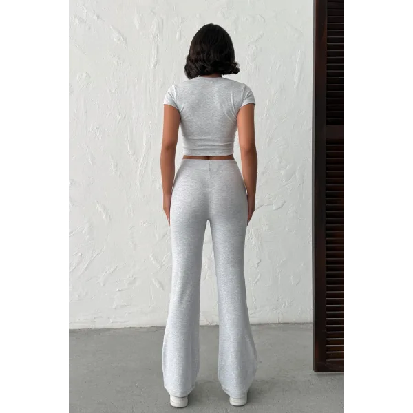 ELORA GRİ TAŞLI CROP T-SHIRT VE İSPANYOL PAÇA TAYT ALT ÜST TAKIM