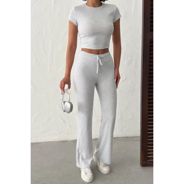 ELORA GRİ TAŞLI CROP T-SHIRT VE İSPANYOL PAÇA TAYT ALT ÜST TAKIM