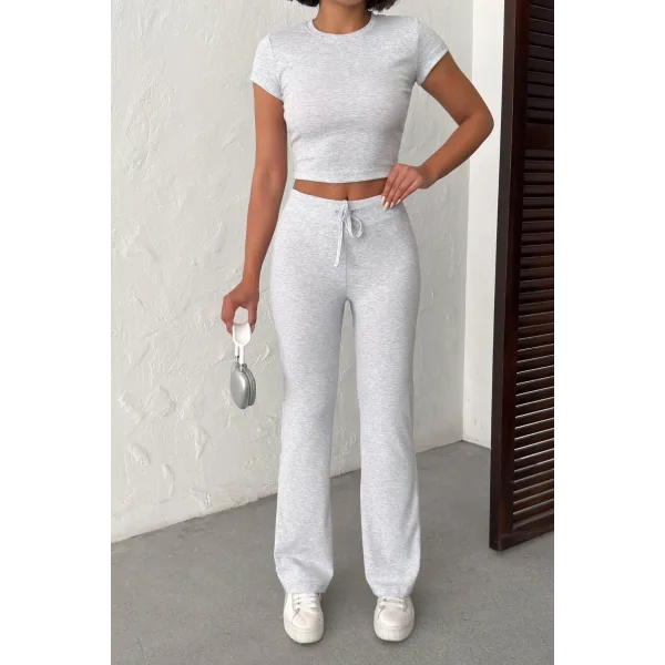 ELORA GRİ TAŞLI CROP T-SHIRT VE İSPANYOL PAÇA TAYT ALT ÜST TAKIM