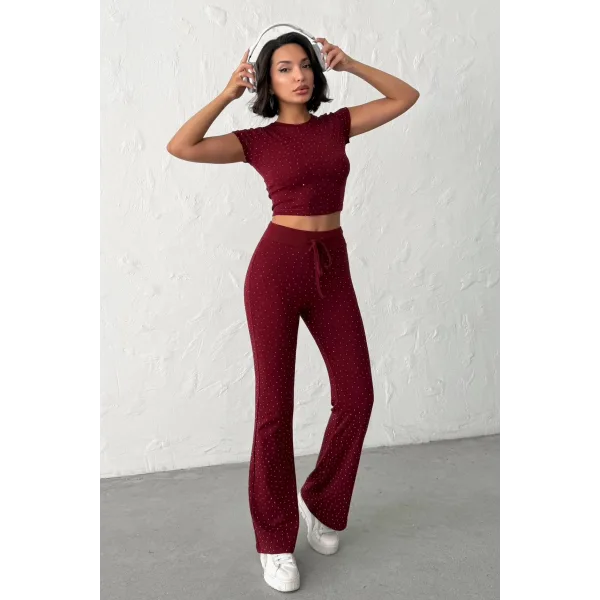 ELORA BORDO TAŞLI CROP T-SHIRT VE İSPANYOL PAÇA TAYT ALT ÜST TAKIM