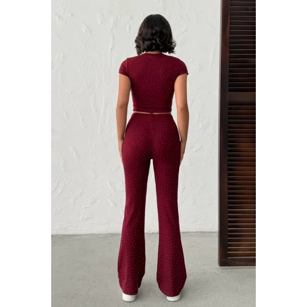 ELORA BORDO TAŞLI CROP T-SHIRT VE İSPANYOL PAÇA TAYT ALT ÜST TAKIM
