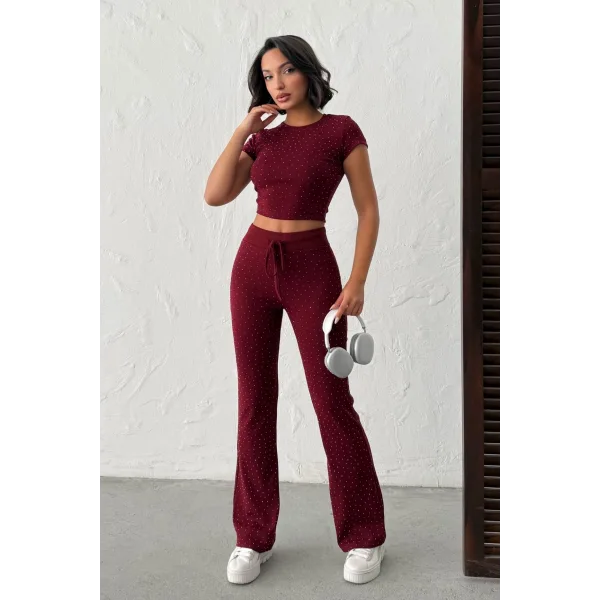 ELORA BORDO TAŞLI CROP T-SHIRT VE İSPANYOL PAÇA TAYT ALT ÜST TAKIM