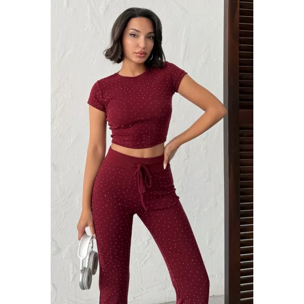 ELORA BORDO TAŞLI CROP T-SHIRT VE İSPANYOL PAÇA TAYT ALT ÜST TAKIM