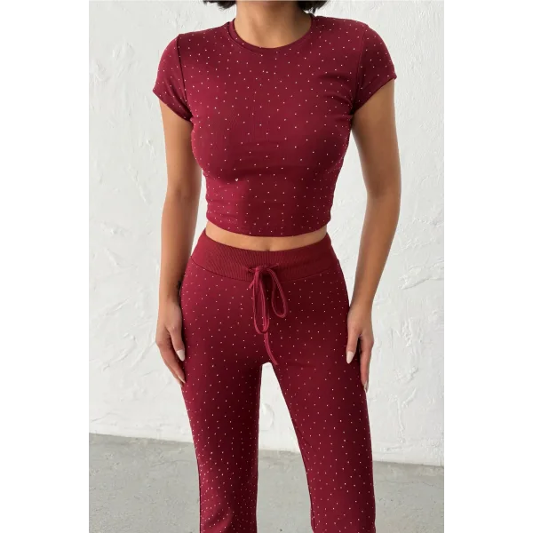 ELORA BORDO TAŞLI CROP T-SHIRT VE İSPANYOL PAÇA TAYT ALT ÜST TAKIM