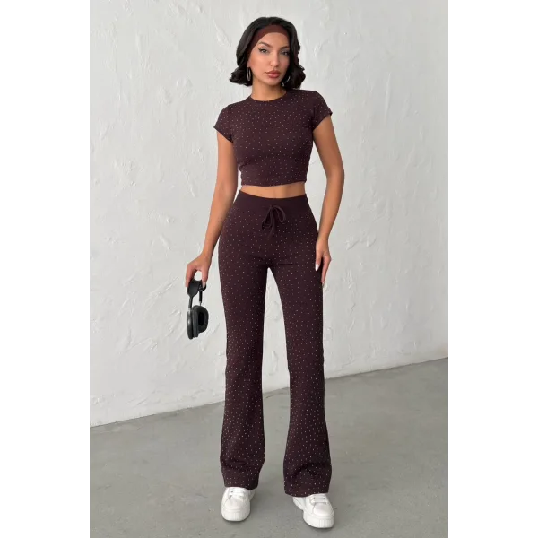 ELORA KAHVERENGİ TAŞLI CROP T-SHIRT VE İSPANYOL PAÇA TAYT ALT ÜST TAKIM