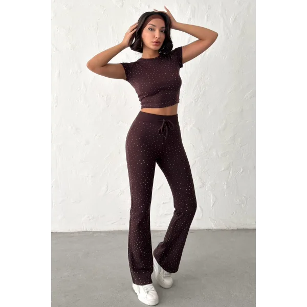ELORA KAHVERENGİ TAŞLI CROP T-SHIRT VE İSPANYOL PAÇA TAYT ALT ÜST TAKIM
