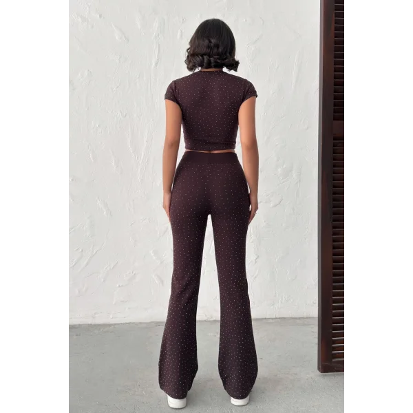 ELORA KAHVERENGİ TAŞLI CROP T-SHIRT VE İSPANYOL PAÇA TAYT ALT ÜST TAKIM