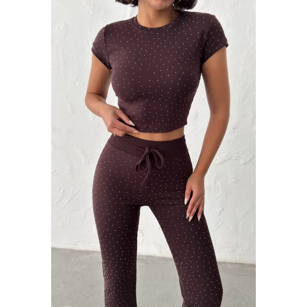 ELORA KAHVERENGİ TAŞLI CROP T-SHIRT VE İSPANYOL PAÇA TAYT ALT ÜST TAKIM