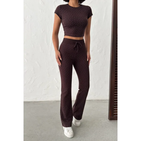 ELORA KAHVERENGİ TAŞLI CROP T-SHIRT VE İSPANYOL PAÇA TAYT ALT ÜST TAKIM