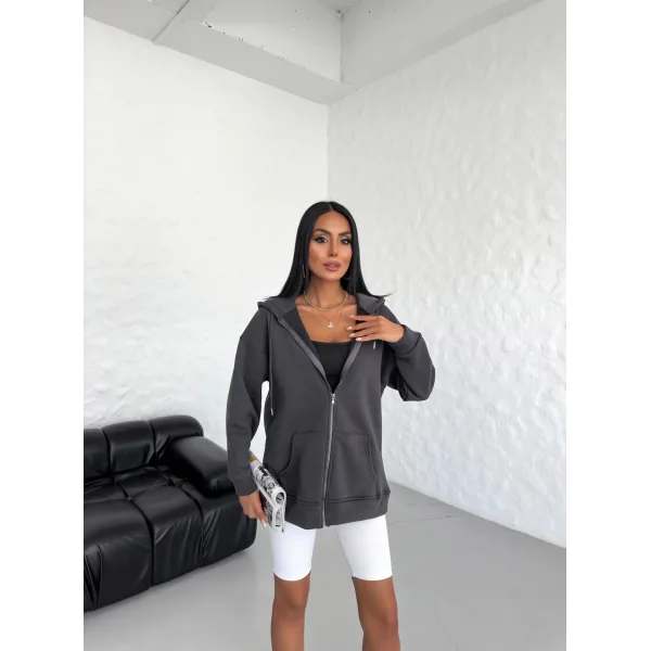 ALEGRA ANTRASİT 3 İPLİK KAPÜŞONLU POLARLI HIRKA