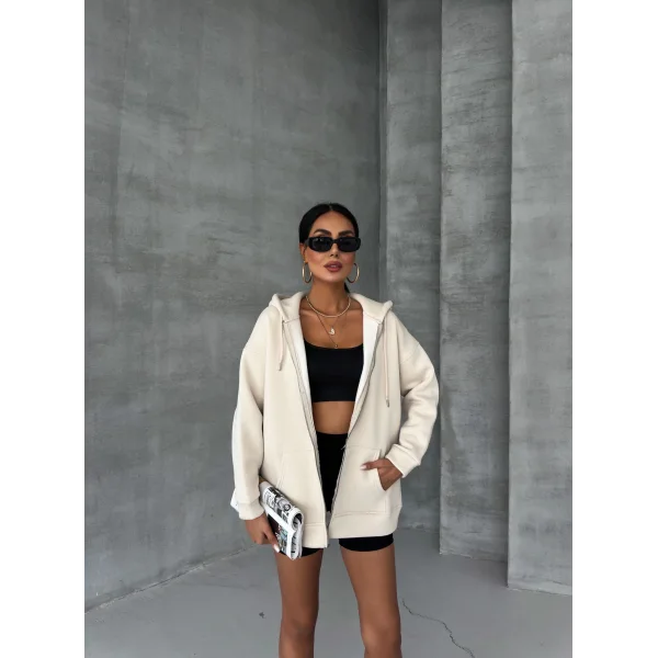 ALEGRA BEJ 3 İPLİK KAPÜŞONLU POLARLI HIRKA