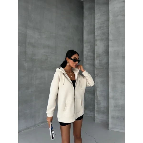 ALEGRA BEJ 3 İPLİK KAPÜŞONLU POLARLI HIRKA