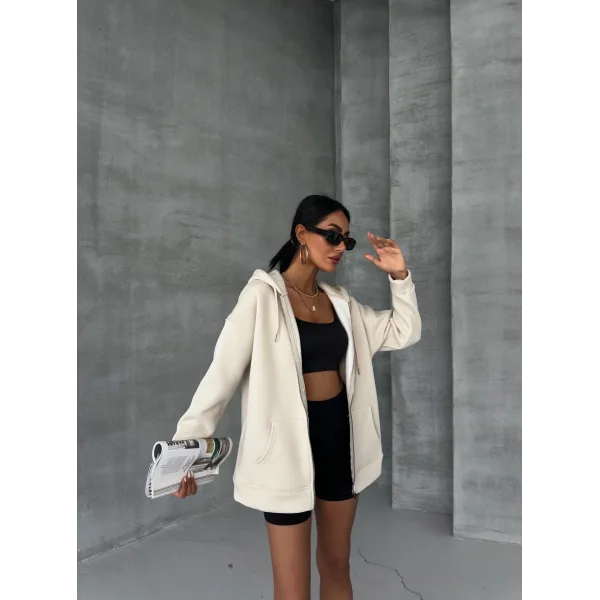 ALEGRA BEJ 3 İPLİK KAPÜŞONLU POLARLI HIRKA