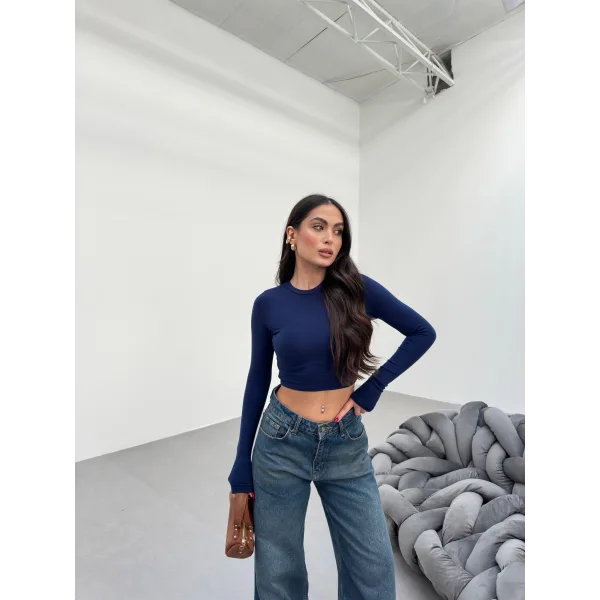 FESTA LACİVERT UZUN KOLLU CROP BLUZ