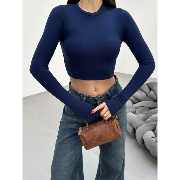 FESTA LACİVERT UZUN KOLLU CROP BLUZ