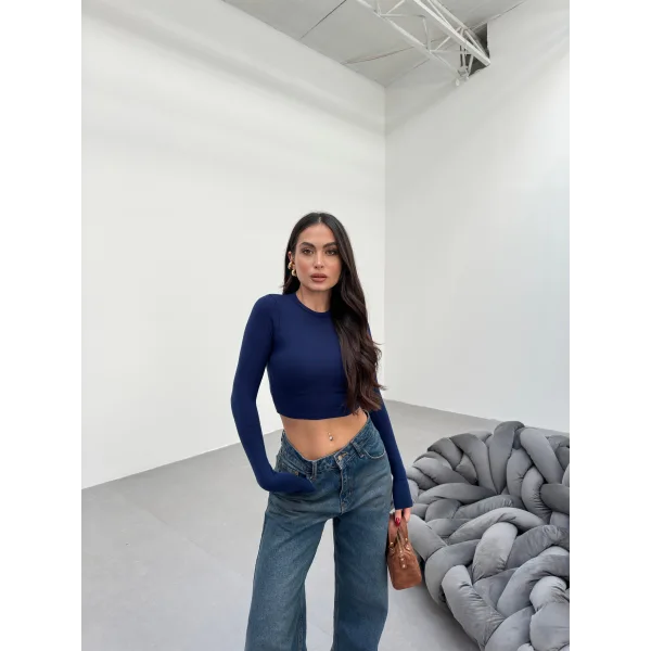 FESTA LACİVERT UZUN KOLLU CROP BLUZ